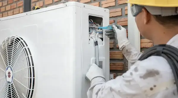 Technik w żółtym kasku reguluje okablowanie pompy ciepła, co może pomóc w optymalizacji jej pracy, np. jak zmniejszyć taktowanie pompy ciepła.