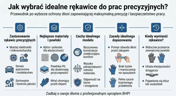 Poradnik o tym, jak dobrać idealne rękawice robocze, uwzględniający zastosowanie, materiały, cechy, dopasowanie i moment wymiany.