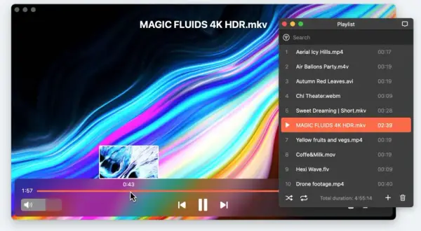 A media player interface, possibly comparing mpv vs vlc, shows a playlist with "MAGIC FLUIDS 4K HDR.mkv" highlighted.