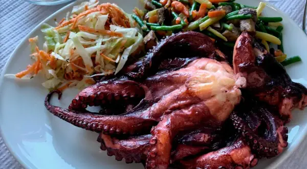 Pulpo entero asado, acompañado de ensalada de col y zanahoria, y verduras salteadas. Un festín digno de los cazadores.