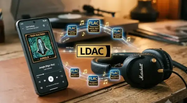 Telefon z muzyką w formacie FLAC połączony przez LDAC z słuchawkami Marshall. Ciesz się wysoką jakością dźwięku.