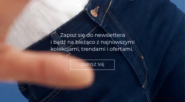Zbliżenie na granatowe spodnie denim, z białym materiałem pod spodem. Zapisz się do newslettera i bądź na bieżąco z najnowszymi kolekcjami, trendami i ofertami.
