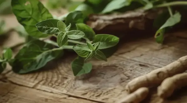 Gałązki z zielonymi liśćmi i korzenie, być może ashwagandha, na drewnianym tle. Mogą wspierać tarczycę.