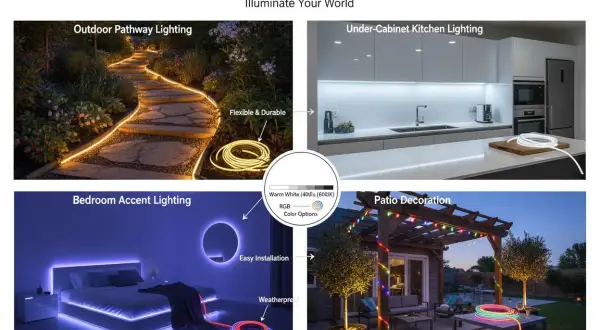 Ścieżka w ogrodzie oświetlona taśmą LED neon, kuchnia z oświetleniem pod szafkami, sypialnia z neonowym akcentem, patio z kolorową taśmą LED neon.