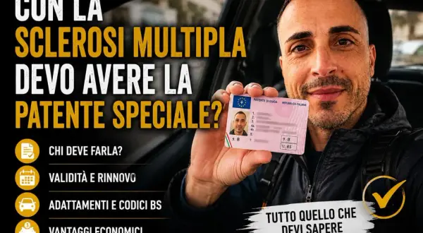 Uomo mostra patente, con testo su sclerosi multipla, patente speciale, scala EDSS e percentuale invalidità.