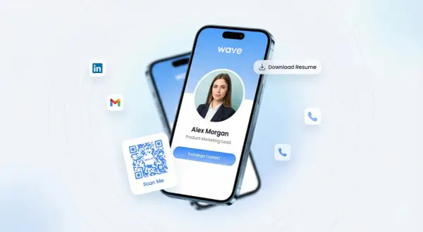 Learn how to make a digital business card with this visual guide. A smartphone displays a profile with contact options, a QR code, and social media icons.