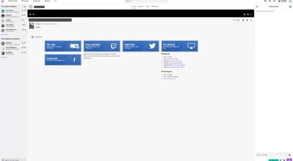 Twitch-Panels mit Links zu Spenden, Social Media und PC-Specs. Die Größe der Panels ist gut gewählt.
