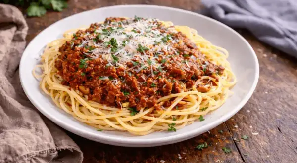 Talerz spaghetti z sosem bolońskim, posypany parmezanem i natką pietruszki.