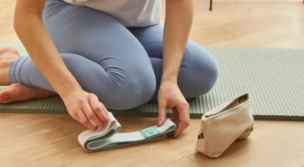 Kobieta w legginsach przygotowuje pasek do jogi na macie. Obok leży woreczek.
