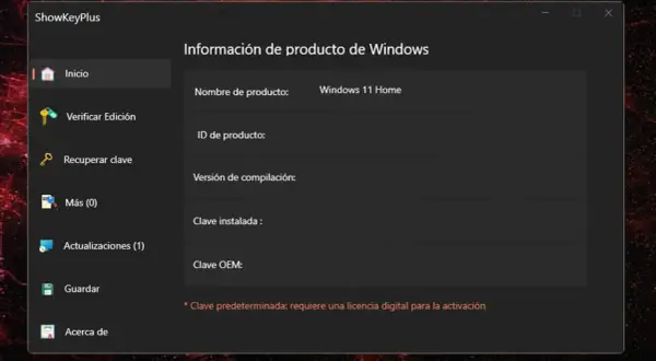 Ventana de ShowKeyPlus para ver licencia Windows 11 Home. Muestra información del producto, ID, versión y clave instalada.