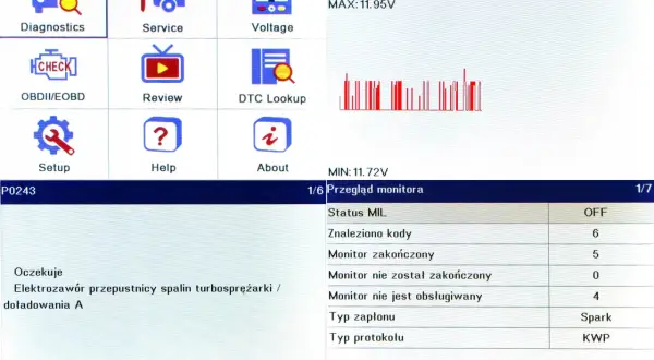 Ekran diagnostyczny Opla Astry K. Widoczny kod błędu P0243 i statusy monitorów. Możliwe kasowanie inspekcji astra k.