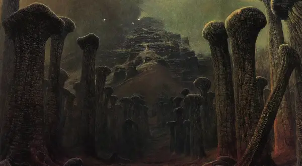 Mroczny, surrealistyczny krajobraz z grzybopodobnymi formacjami i schodkową górą w tle. To obraz końca świata, pełen niepokoju i tajemnicy.