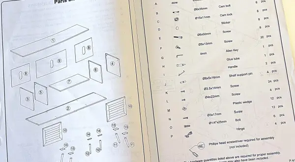 Diagrams and lists for furniture assembly instructions, showing parts and hardware needed.