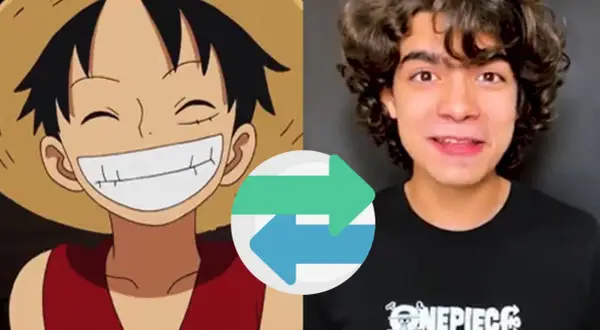 Anime-Charakter Monkey D. Luffy trifft auf einen jungen Mann, der ein One Piece T-Shirt trägt. Ein Symbol mit zwei Pfeilen verbindet sie.