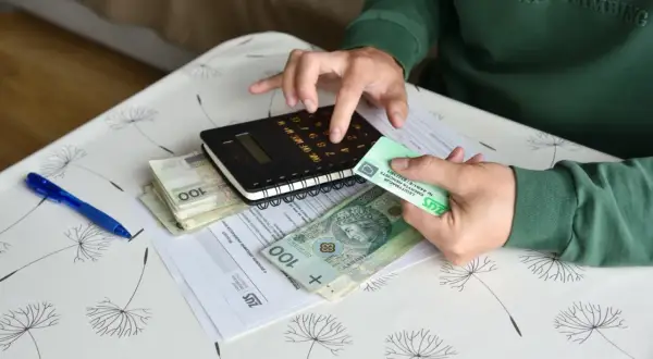 Ręce liczą pieniądze i dokumenty ZUS. Na stole leżą polskie banknoty, kalkulator i karta legitymacyjna emeryta-rencisty, co sugeruje sprawy związane z rentą chorobową.