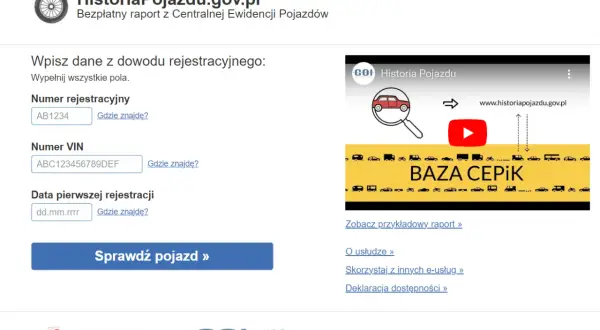 Strona HistoriaPojazdu.gov.pl pozwala sprawdzić dane pojazdu, wpisując numer rejestracyjny, numer VIN i datę pierwszej rejestracji. Dowiedz się, jak rozkodowac VIN.