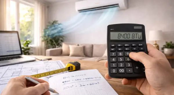 Calculateur affichant 8400 BTU, symbolisant le calcul de puissance climatisation. Plans, mètre et stylo sur la table.
