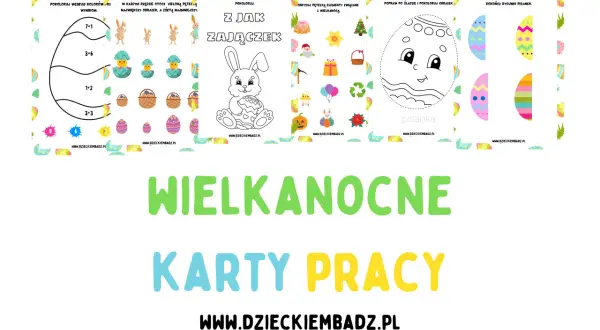 Wielkanocne karty pracy dla przedszkola: kolorowanki, zadania z liczeniem i rysowaniem zajączka.