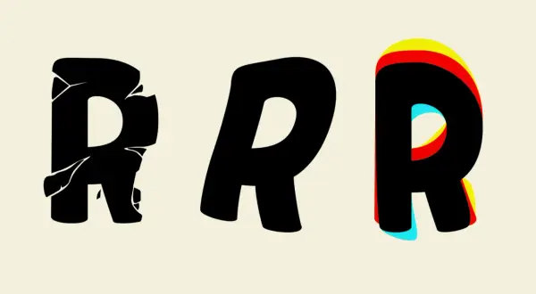 Trois lettres R noires sur fond crème. La première est fissurée, la deuxième est lisse, la troisième a un effet 3D coloré.