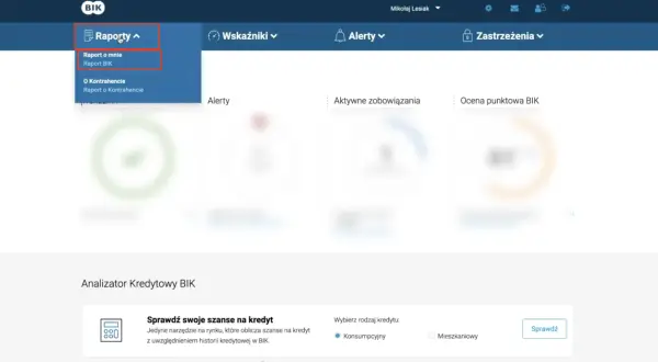 Menu "Raporty" z opcją "Raport BIK" pokazuje, jak wygląda raport BIK. Widoczny jest też analizator kredytowy.