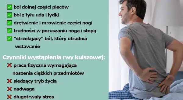 Mężczyzna z bólem pleców, który utrudnia mu wstawanie, zastanawia się: rwa kulszowa leżeć czy chodzić?