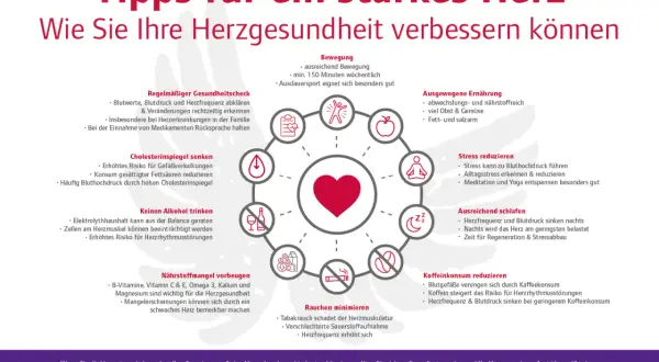 Herzgesundheit: Tipps für ein starkes Herz. Eine Übersicht zeigt, wie Bewegung, Ernährung und Schlaf die Herzfrequenz beeinflussen. Die cardio erholung werte tabelle ist hier nicht direkt abgebildet.
