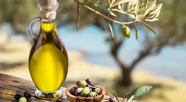 Caraffa di **olio di oliva** dorato accanto a una ciotola di olive fresche, sotto un ramo d'ulivo.