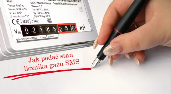 Jak podać stan licznika gazu SMS? Widoczny licznik gazu z cyframi 02185266. Dłoń z długopisem wskazuje na tekst.
