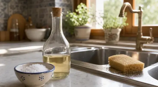 Acqua e aceto per muffa: una bottiglia di aceto, una ciotola di sale e una spugna vicino al lavello, pronti per pulire.