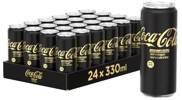 Czarna puszka Coca-Coli Zero z napisem "zero caffeine" – idealna herbata bez teiny dla każdego.