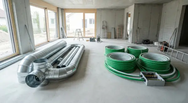 Na budowie leżą metalowe rury i zielone węże, które mogą posłużyć do montażu systemu rekuperacji.