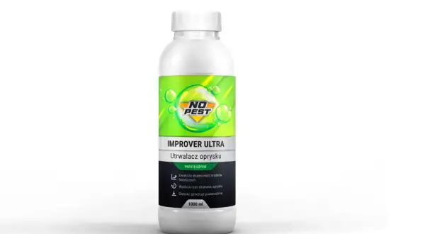 Butelka "IMPROVER ULTRA" z logo "NO PEST". Utrwalacz oprysku, zwiększa skuteczność środków biobójczych. Nie ma informacji o szkodliwości cipex 10e.