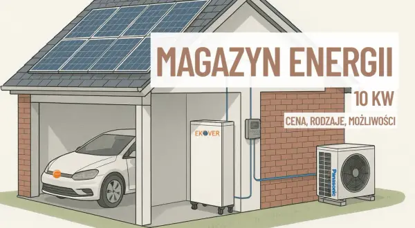 Dom z panelami słonecznymi na dachu, samochód w garażu i magazyn energii elektrycznej.