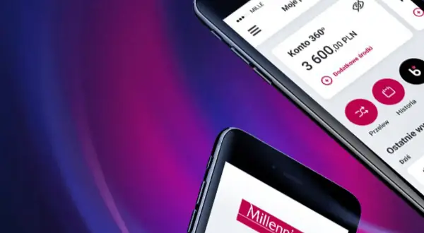 Dwie smartfony z aplikacją bankową Millennium. Na jednym widać saldo konta 3600 zł, na drugim logo banku. To Twoja nowa, wygodna millennium karta wirtualna.