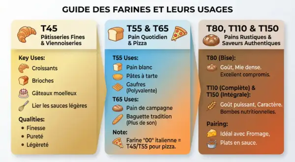 Guide des farines : T45 pour pâtisseries fines, T55/T65 pour pain quotidien et pizza. La différence farine t45 t55 est clé pour vos recettes.