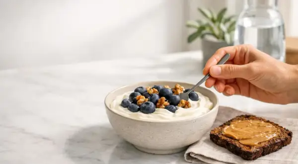 Una ciotola di yogurt con mirtilli e noci, perfetta per un'abbondante colazione proteica. Accanto, una fetta di pane integrale con burro d'arachidi.