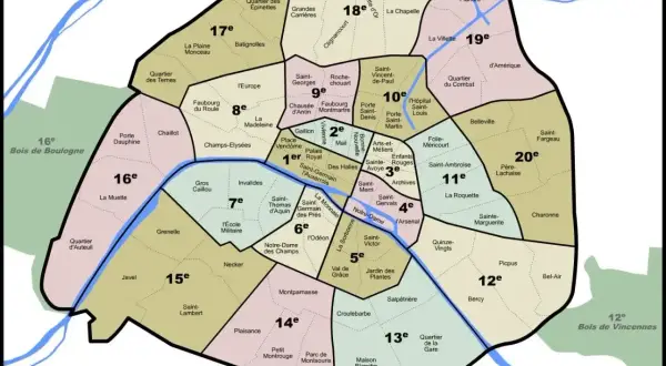 Mapa Paryża z zaznaczonymi dzielnicami (arrondissements). Niektóre obszary, jak 13. i 19. dzielnica, mogą być postrzegane jako niebezpieczne dzielnice Paryża.