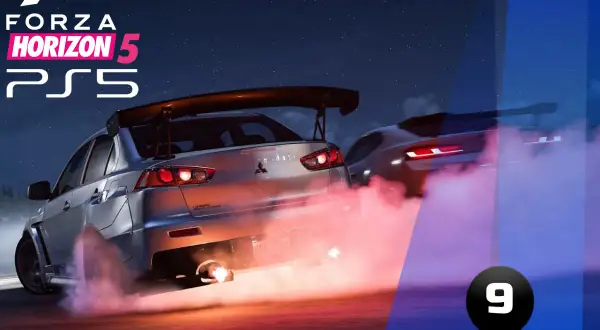 Dwa samochody ścigają się w nocy w Forza Horizon 5 na PlayStation 5, wydobywając kłęby różowego dymu.