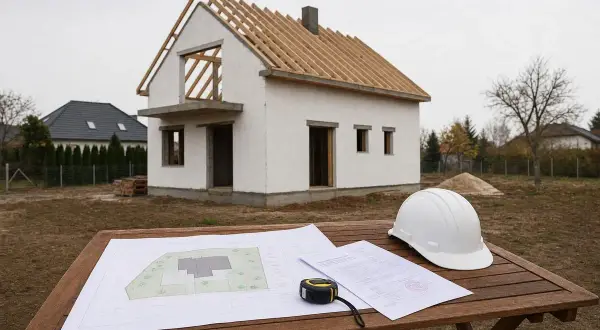 Na stole leżą plany i biały kask. W tle budowany jest dom na zgłoszenie, z widoczną konstrukcją dachu.
