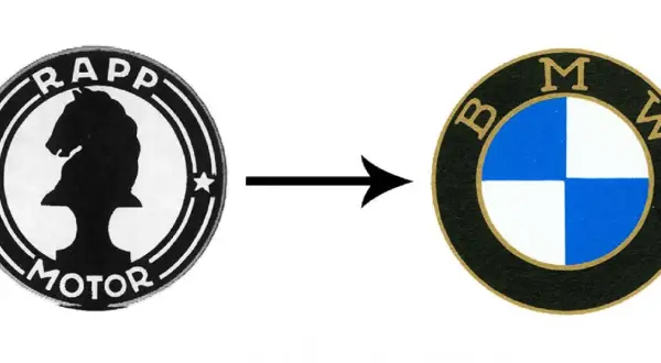 Ewolucja logo: od konia z napisem "RAPP MOTOR" do ikonicznego **bmw logo** z niebiesko-białymi ćwiartkami.