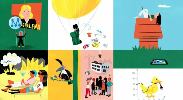 En illustration med flera scener: en politiker, en varmluftsballong med sopor, en person på ett hundhus, en explosion, en fågel och en byggarbetsplats. Allt för att visa hur vi kan prosper svenska.