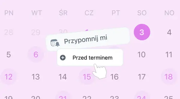 Kalendarz z opcją "Przypomnij mi" i wyborem "Przed terminem". Ta aplikacja pomoże Ci pamiętać o ważnych datach.