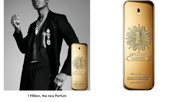 Elegancki mężczyzna w garniturze prezentuje flakon Paco Rabanne 1 Million Parfum, symbol luksusu i bogactwa.