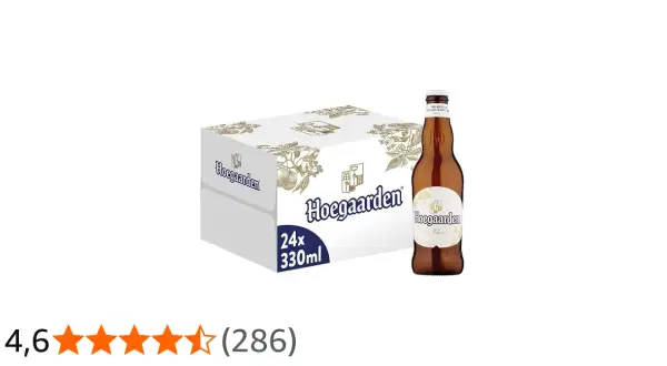 Scatola da 24 bottiglie di Hoegaarden Wit Blanche, con una singola bottiglia in primo piano. La birra ha 4,9% vol.