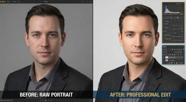 Before and after portrait comparison, showcasing photo editing tips with adjustments for exposure, clarity, and skin softening in Lightroom.
