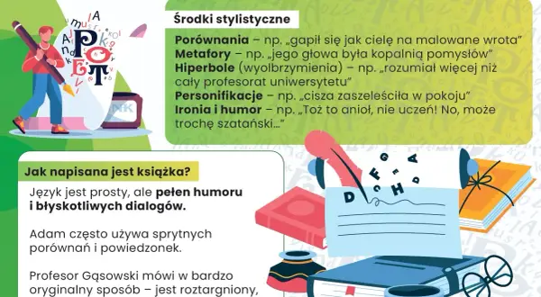 Ilustracja przedstawia chłopca piszącego piórem, otoczonego literami i książkami. Tekst opisuje środki stylistyczne, w tym ironię i humor, który może być "trochę szatański".
