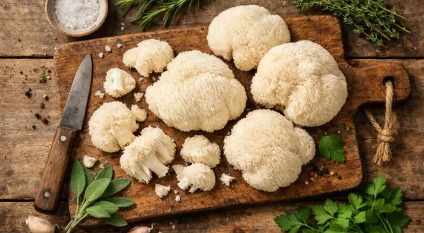 Hongos melena de león, frescos y listos para cocinar, junto a hierbas aromáticas y ajo en una tabla de madera.