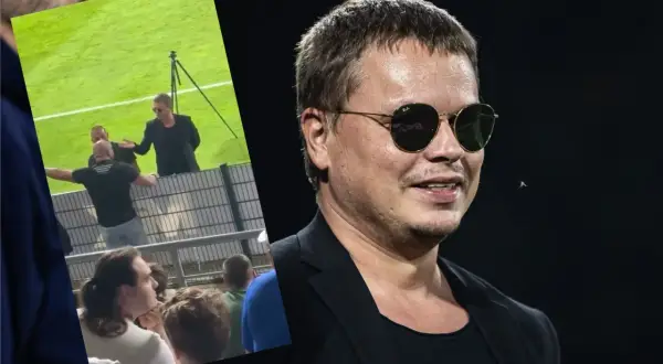 Właściciel Wisły Kraków, Tomek, w okularach przeciwsłonecznych, na tle stadionu. Obok fragment z trybun.