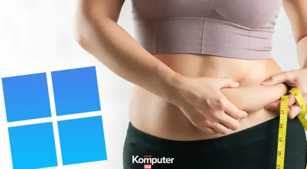 Osoba mierzy talię miarką, obok widoczne logo Windows. Czyżby nowy sposób na odchudzanie Windows 10?