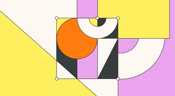 Abstract digital artwork featuring geometric shapes in pastel colors. An orange circle is partially enclosed by a square, with arcs and triangles completing the composition.